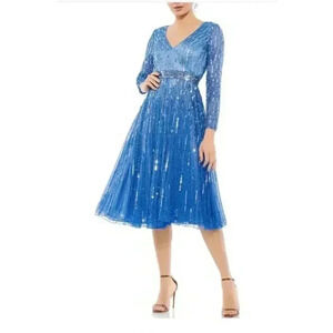 Mac Duggal Blue Embellished Long Sleeve A Line Midi Cocktail Dress-Size 4